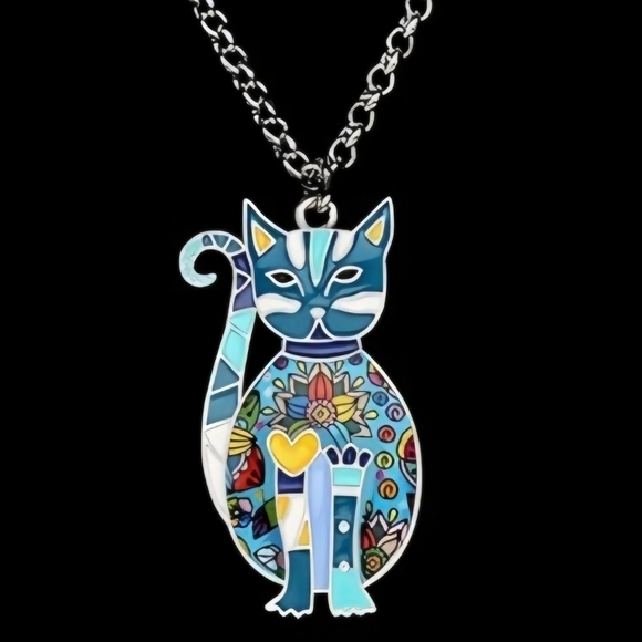 Floral Cat Necklace Enamel Kitten Pendant on Alloy Chain Jewelry for Cat Lovers - Picture 4 of 11